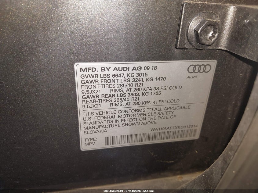 2019 Audi Q7 55 Premium VIN: WA1VAAF7XKD012014 Lot: 45602649