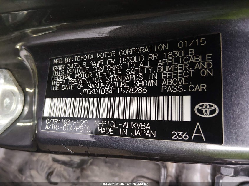 2015 Toyota Prius C One VIN: JTDKDTB34F1578286 Lot: 45602662