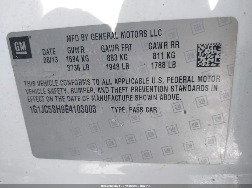 2014 Chevrolet Sonic Lt Auto VIN: 1G1JC5SH9E4103003 Lot: 45602671