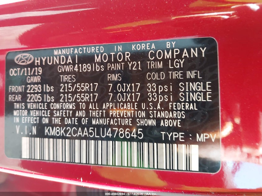 2020 Hyundai Kona Sel VIN: KM8K2CAA5LU478645 Lot: 45602694