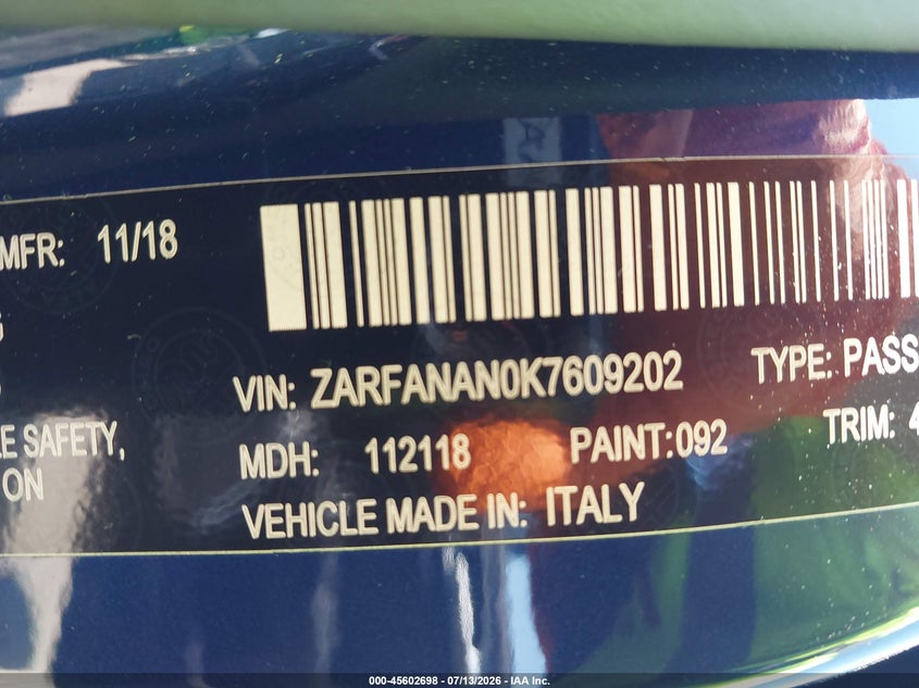 2019 Alfa Romeo Giulia Awd VIN: ZARFANAN0K7609202 Lot: 45602698