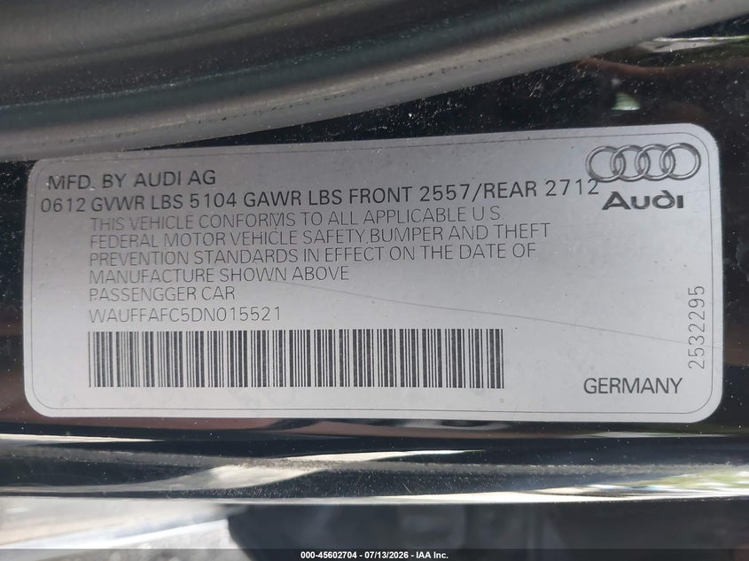 2013 Audi A6 2.0T Premium VIN: WAUFFAFC5DN015521 Lot: 45602704
