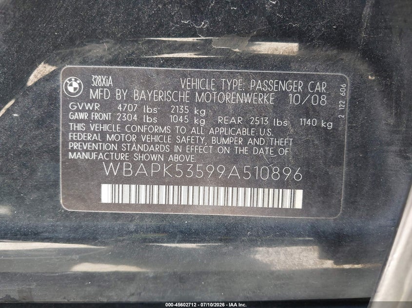 2009 BMW 328I xDrive VIN: WBAPK53599A510896 Lot: 45602712