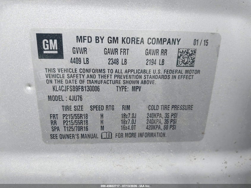 2015 Buick Encore Convenience VIN: KL4CJFSB9FB130006 Lot: 45602717
