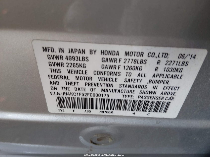 2015 Acura Rlx VIN: JH4KC1F52FC000175 Lot: 45602732