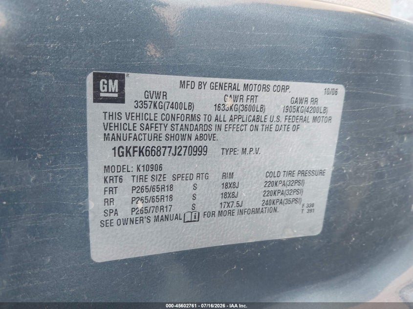 2007 GMC Yukon Xl Denali Denali VIN: 1GKFK66877J270999 Lot: 45602761