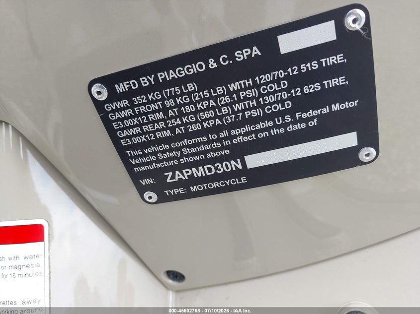 2025 Vespa Gts 310 VIN: ZAPMD30N4S5100013 Lot: 45602768