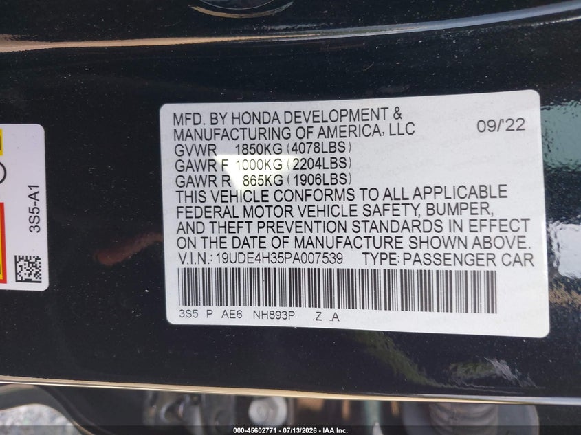 2023 Acura Integra A-Spec VIN: 19UDE4H35PA007539 Lot: 45602771