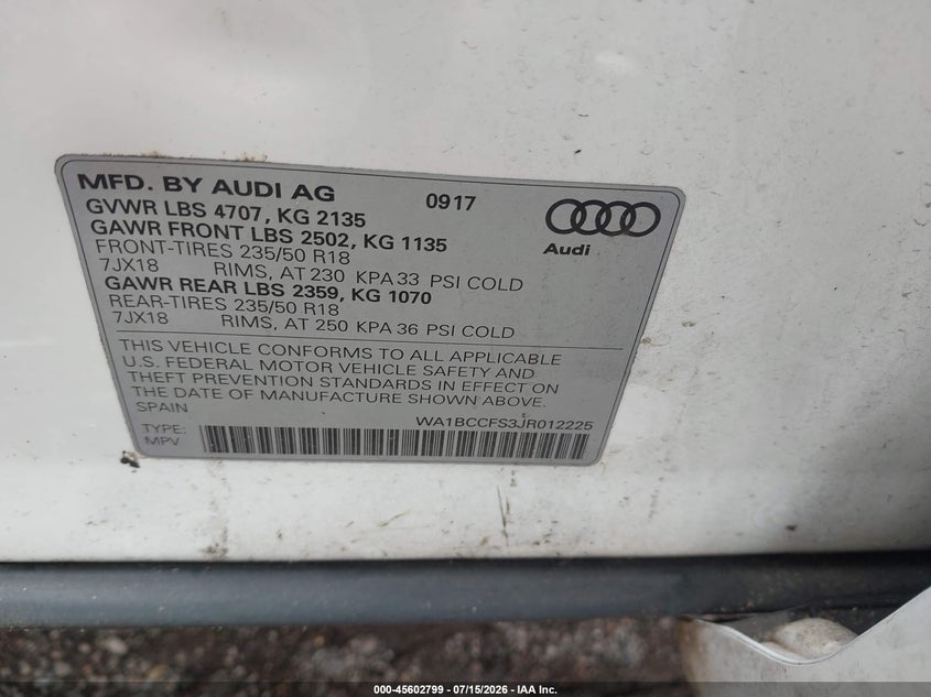 2018 Audi Q3 2.0T Premium/2.0T Sport Premium VIN: WA1BCCFS3JR012225 Lot: 45602799