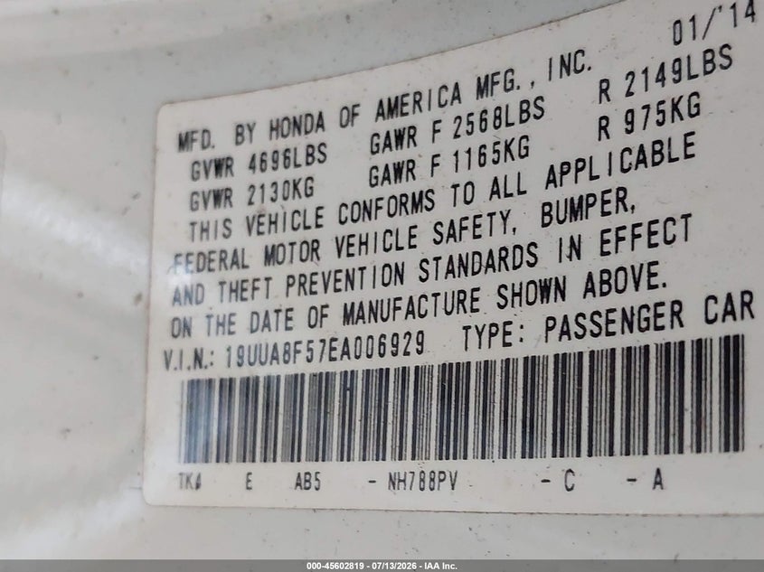 2014 Acura Tl 3.5 VIN: 19UUA8F57EA006929 Lot: 45602819