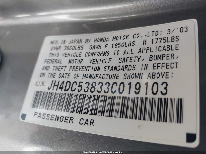 2003 Acura Rsx VIN: JH4DC53833C019103 Lot: 45602824