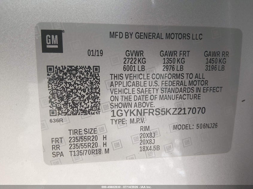 2019 Cadillac Xt5 Premium Luxury VIN: 1GYKNFRS5KZ217070 Lot: 45602830