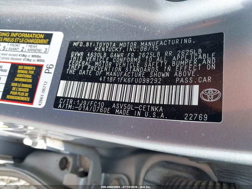 TOYOTA CAMRY 2015 VIN 4T1BF1FK6FU098292