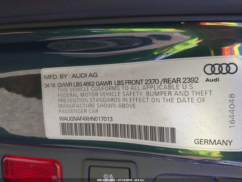 2017 Audi A4 Premium VIN: WAUGNAF4XHN017013 Lot: 45602903