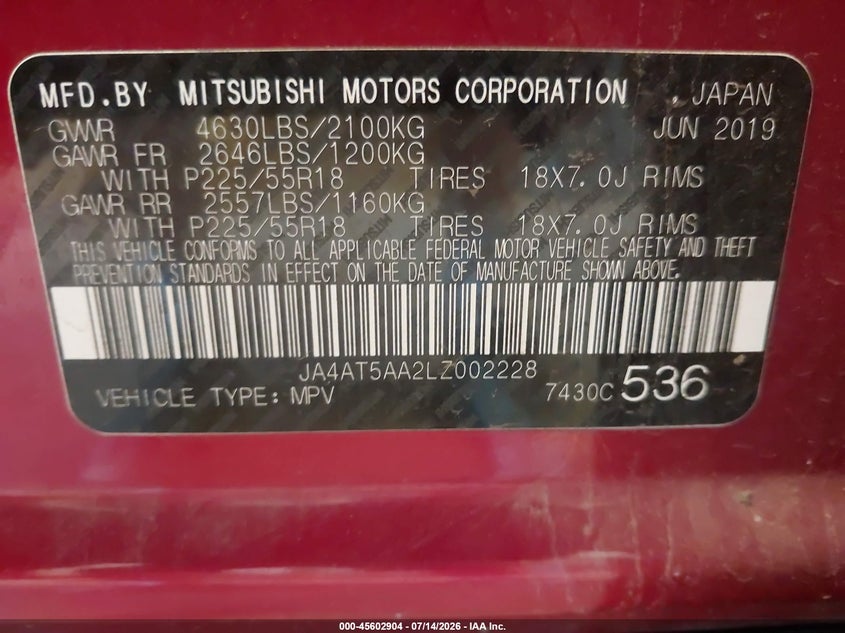 2020 Mitsubishi Eclipse Cross Se 1.5T Awc VIN: JA4AT5AA2LZ002228 Lot: 45602904