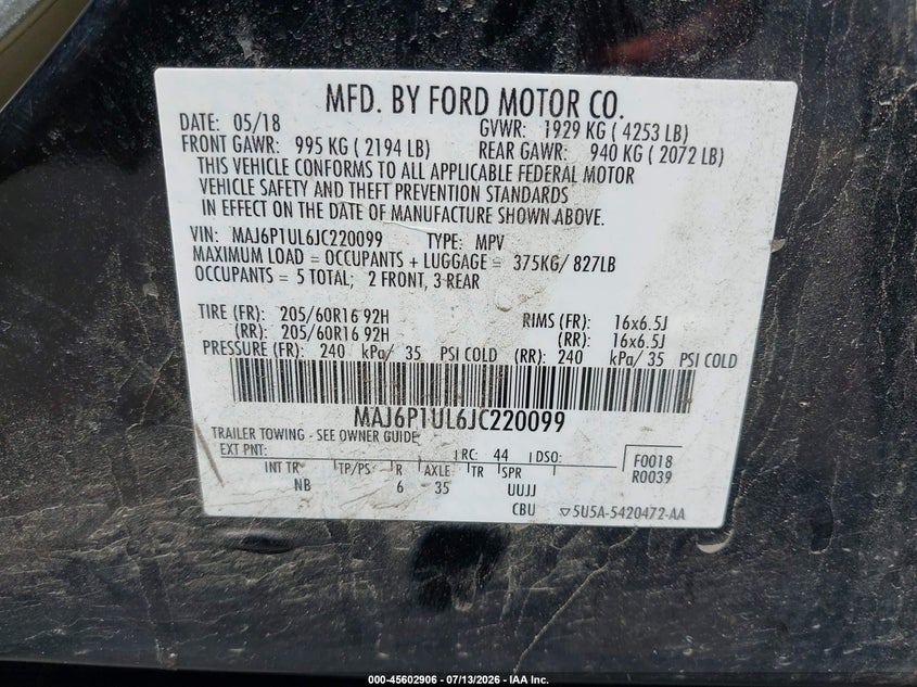 2018 Ford Ecosport Se VIN: MAJ6P1UL6JC220099 Lot: 45602906