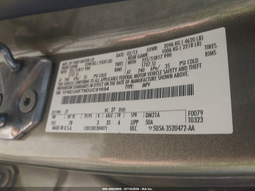 2013 Ford Escape S VIN: 1FMCU0F79DUC91694 Lot: 45602908