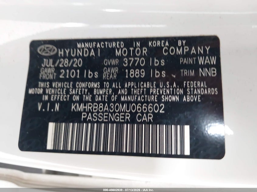2021 Hyundai Venue Se VIN: KMHRB8A30MU066602 Lot: 45602939