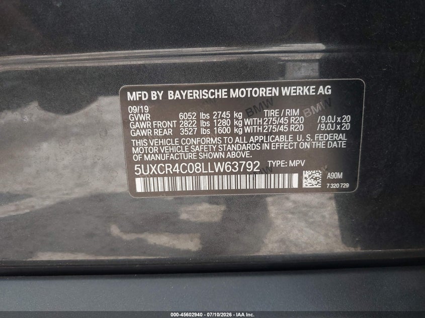 2020 BMW X5 SPORT UTILITY VEHICLE 3.0L I-6 DI, DOHC, VVT, TURBO, 335HP