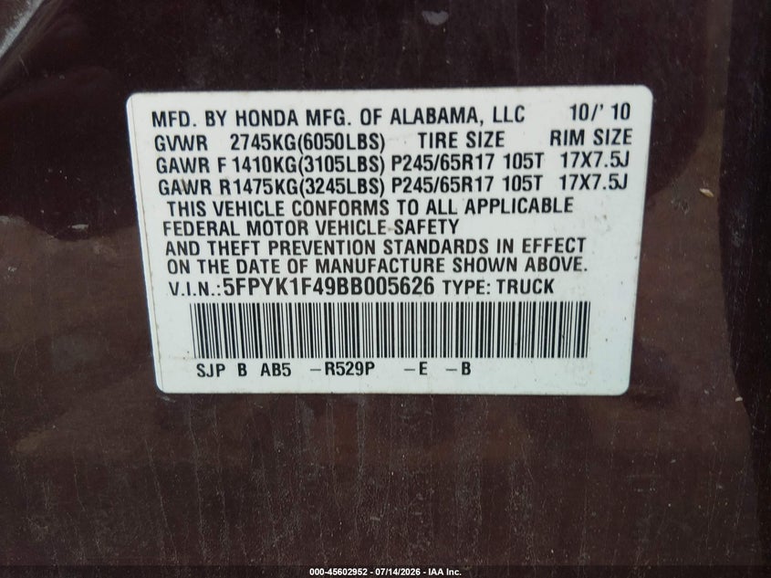 2011 Honda Ridgeline Rts VIN: 5FPYK1F49BB005626 Lot: 45602952