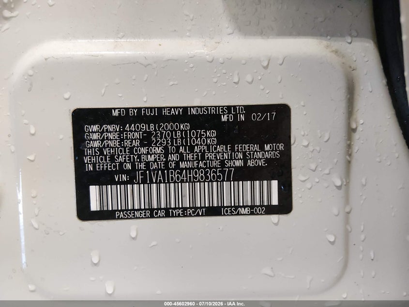 2017 Subaru Wrx VIN: JF1VA1B64H9836577 Lot: 45602960