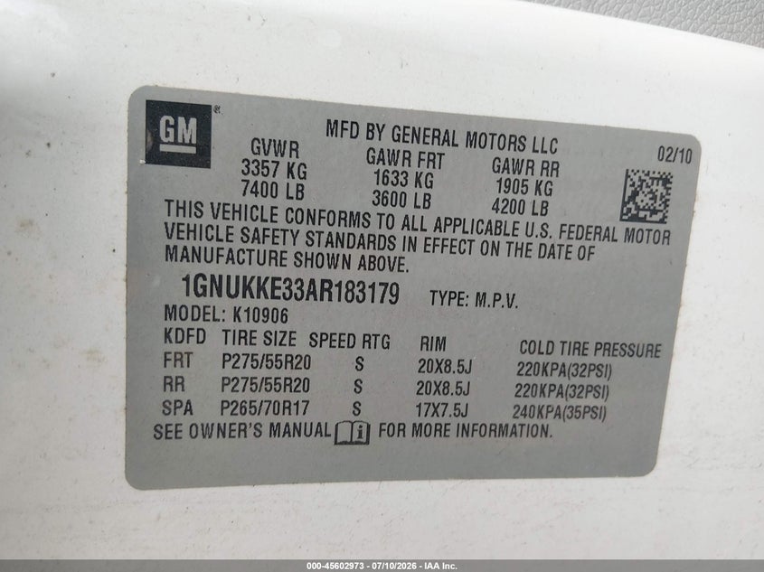 2010 Chevrolet Suburban 1500 Ltz VIN: 1GNUKKE33AR183179 Lot: 45602973
