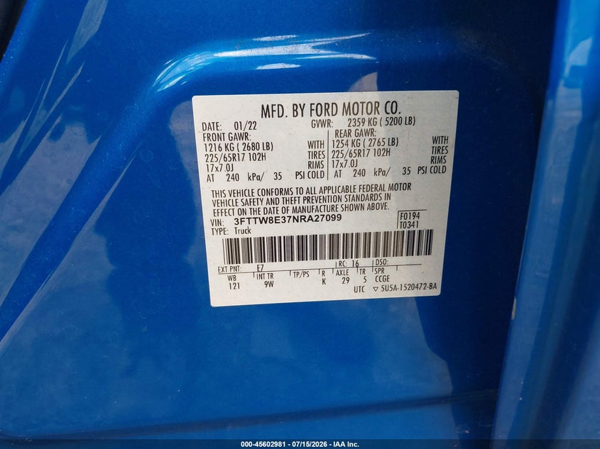 2022 Ford Maverick Xl VIN: 3FTTW8E37NRA27099 Lot: 45602981