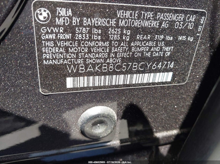 2011 BMW 750Li VIN: WBAKB8C57BCY64714 Lot: 45602989