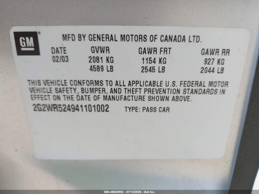 2004 Pontiac Grand Prix Gtp VIN: 2G2WR524941101002 Lot: 45602992