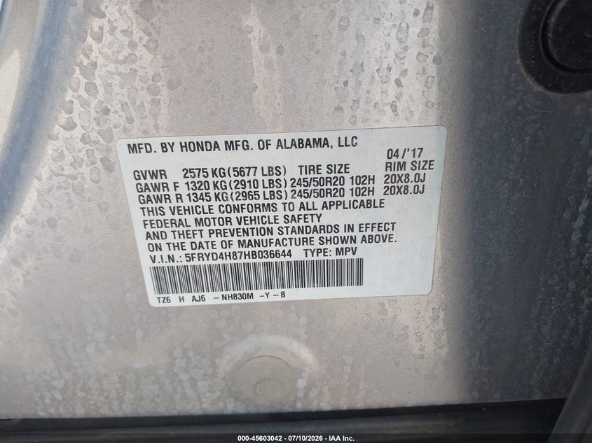 ACURA MDX 2017 VIN 5FRYD4H87HB036644