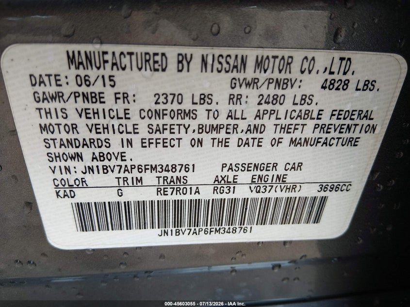 2015 Infiniti Q50 Premium VIN: JN1BV7AP6FM348761 Lot: 45603055