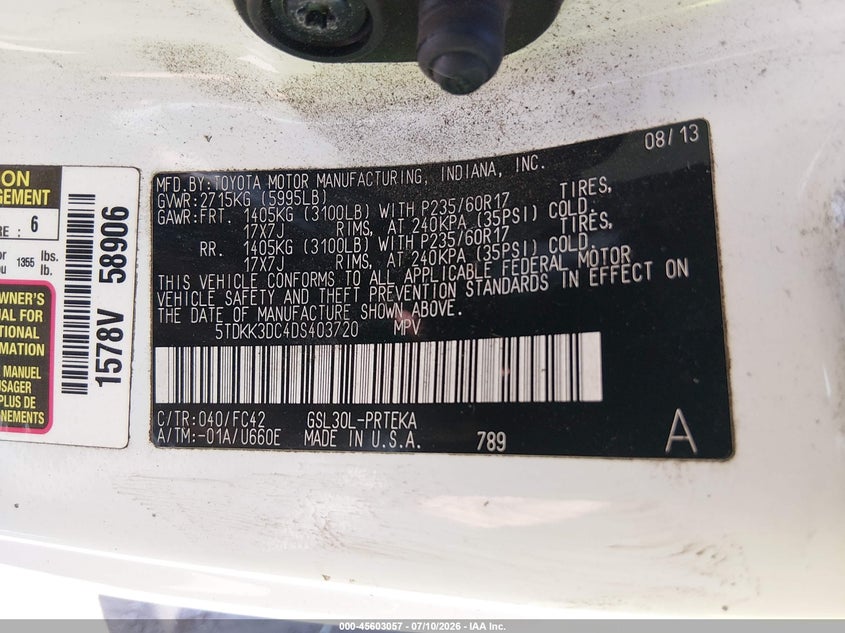 TOYOTA SIENNA 2013 VIN 5TDKK3DC4DS403720