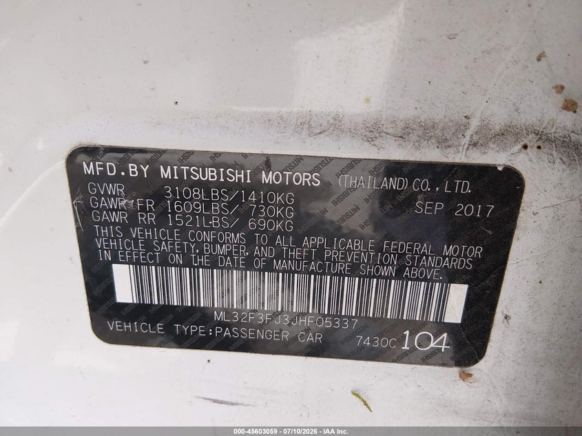 2018 Mitsubishi Mirage G4 Es VIN: ML32F3FJ3JHF05337 Lot: 45603059