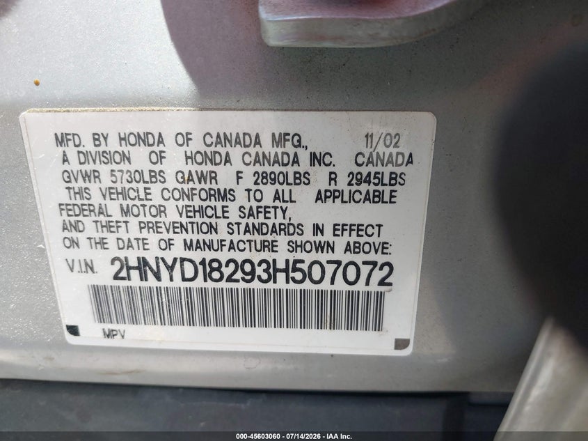 2003 Acura Mdx VIN: 2HNYD18293H507072 Lot: 45603060