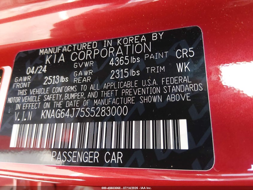 2025 Kia K5 Gt-Line VIN: KNAG64J75S5283000 Lot: 45603068