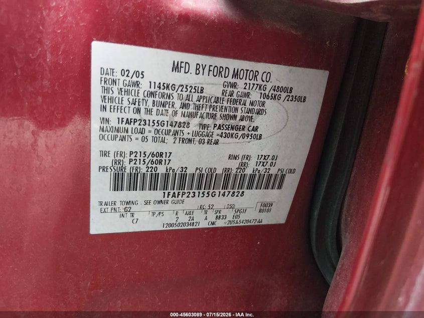 2005 Ford Five Hundred Se VIN: 1FAFP23155G147828 Lot: 45603089