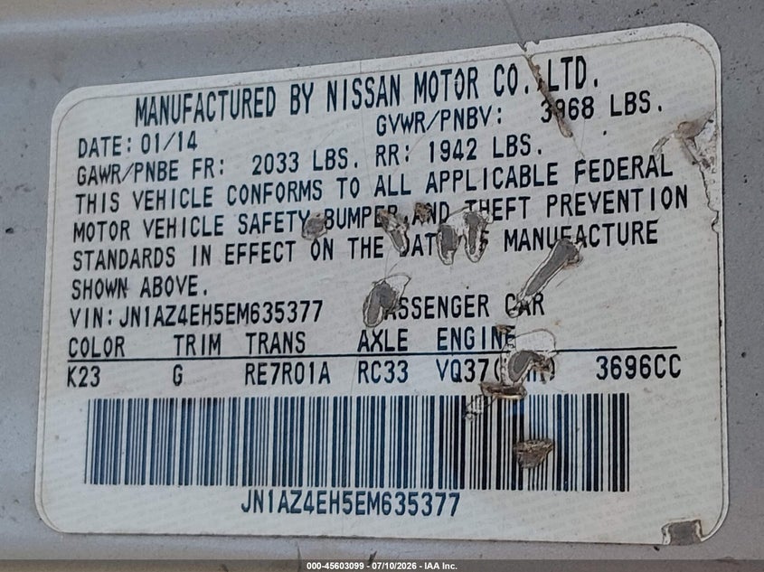2014 Nissan 370Z VIN: JN1AZ4EH5EM635377 Lot: 45603099