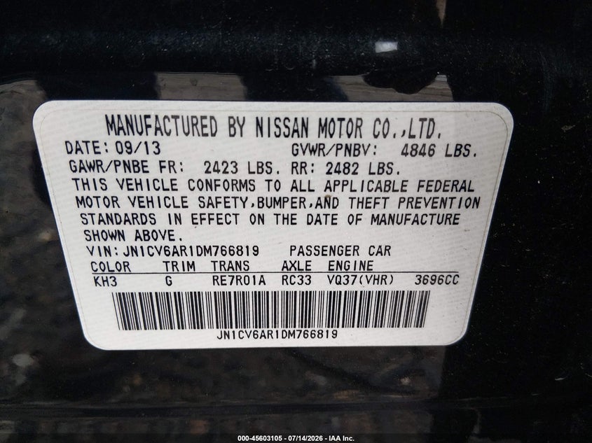 2013 Infiniti G37X VIN: JN1CV6AR1DM766819 Lot: 45603105
