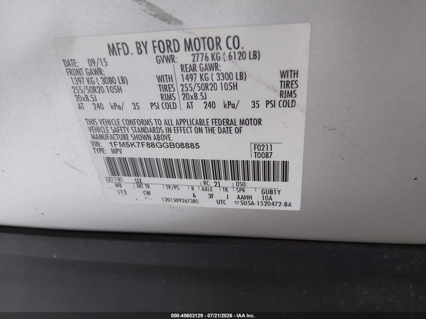 2016 Ford Explorer Limited VIN: 1FM5K7F88GGB08885 Lot: 45603129