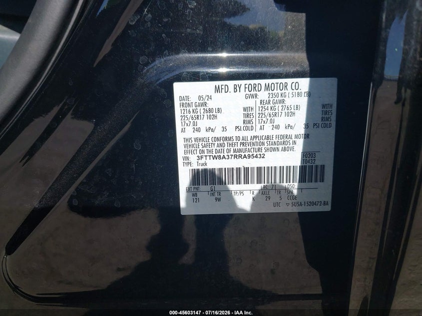 2024 Ford Maverick Xl VIN: 3FTTW8A37RRA95432 Lot: 45603147