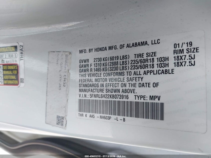HONDA ODYSSEY 2019 VIN 5FNRL6H22KB073916