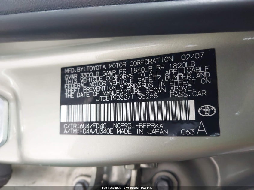 2007 Toyota Yaris VIN: JTDBT923271135268 Lot: 45603222