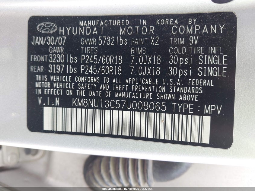 2007 Hyundai Veracruz Gls/Limited/Se VIN: KM8NU13C57U008065 Lot: 45603234