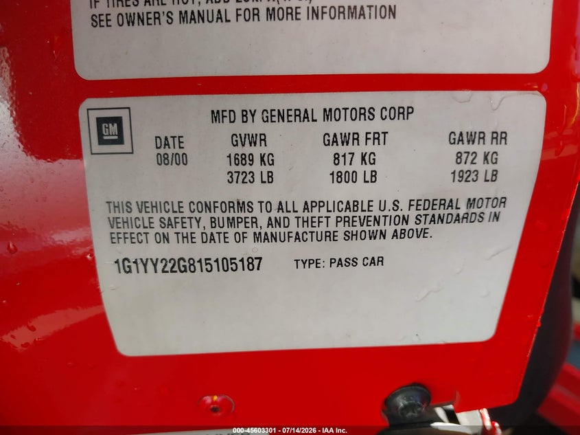 2001 Chevrolet Corvette VIN: 1G1YY22G815105187 Lot: 45603301