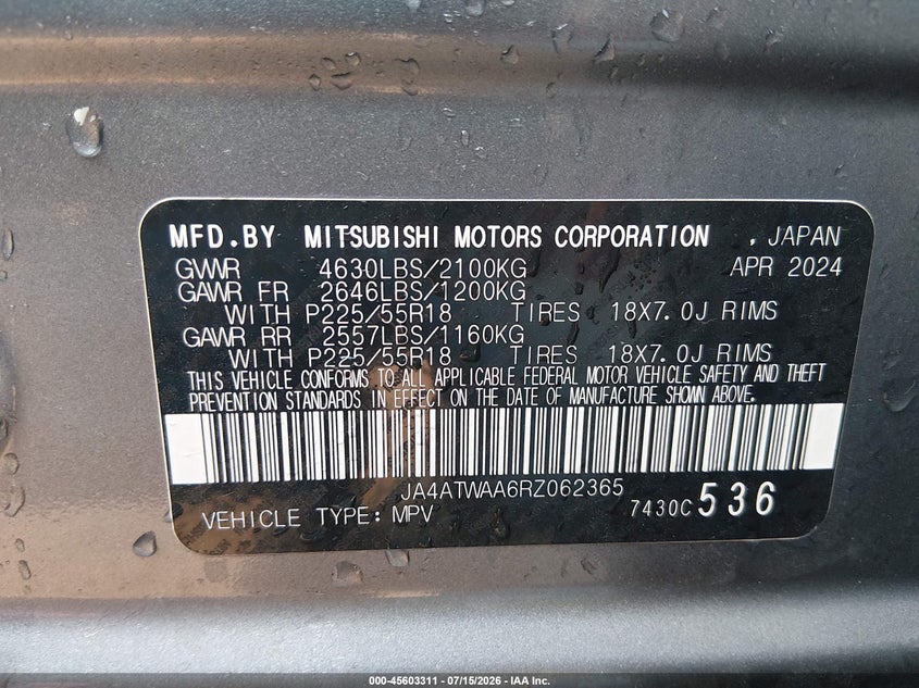 2024 Mitsubishi Eclipse Cross Se S-Awc/Sel S-Awc VIN: JA4ATWAA6RZ062365 Lot: 45603311