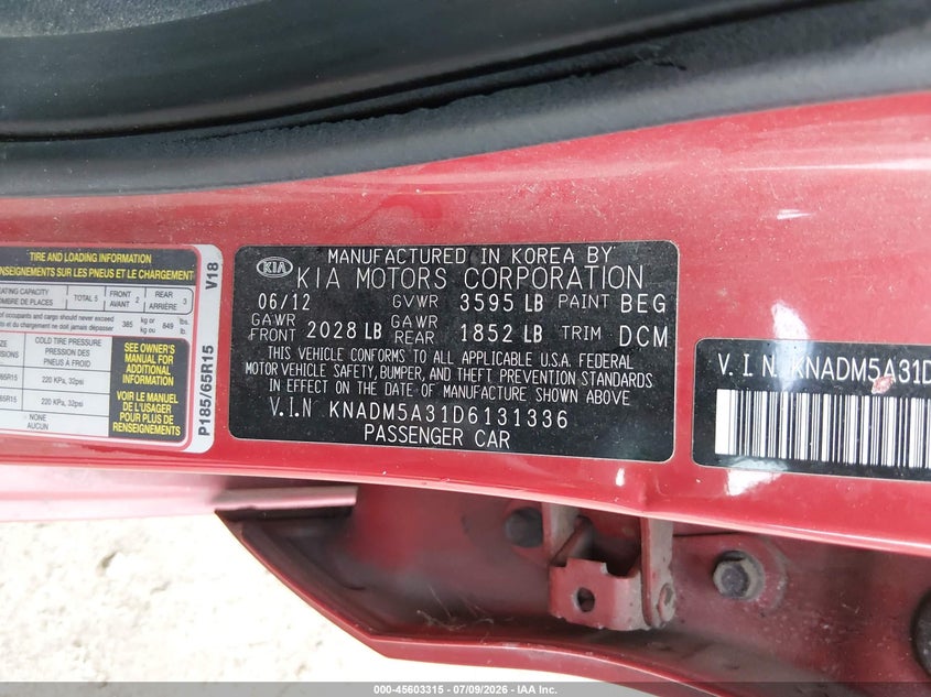 KIA RIO 2013 VIN KNADM5A31D6131336