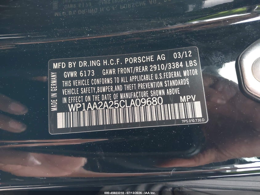 2012 Porsche Cayenne VIN: WP1AA2A25CLA09680 Lot: 45603318
