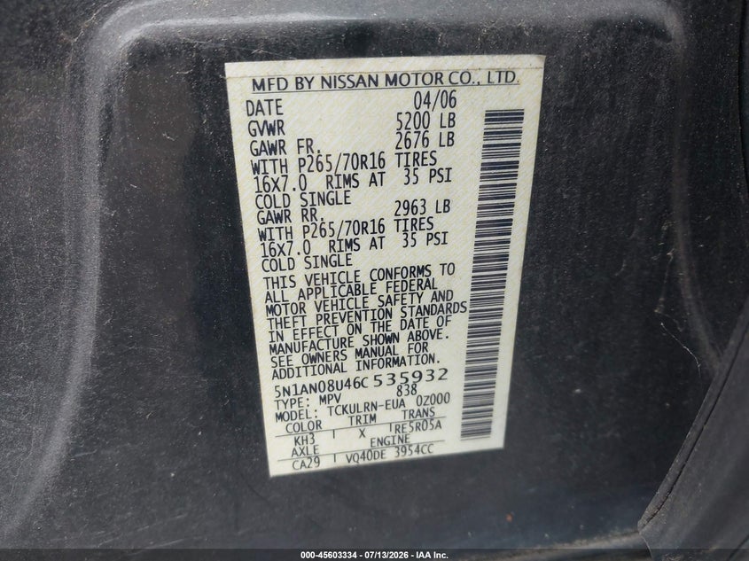 2006 Nissan Xterra S VIN: 5N1AN08U46C535932 Lot: 45603334