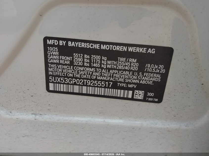 2026 BMW X3 30 xDrive VIN: 5UX53GP02T9255517 Lot: 45603345