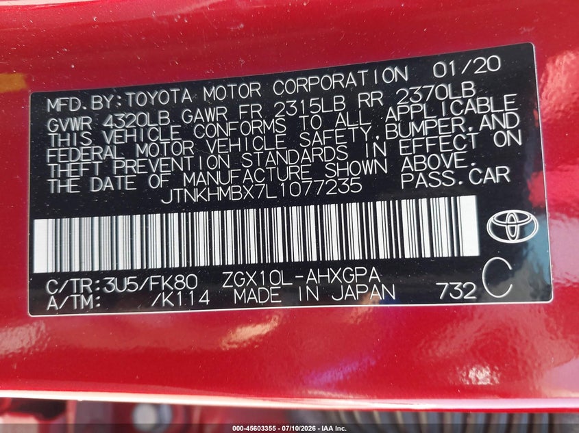 2020 Toyota C-Hr Xle VIN: JTNKHMBX7L1077235 Lot: 45603355